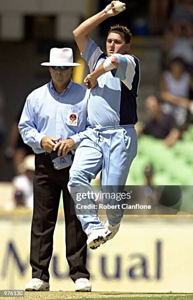 Don Nash#25 for the NSW Blues about to launch a delivery, during the Mercantile Mutual Cup One Day final, between the Western Warriors and the NSW...