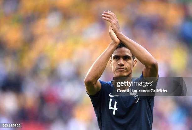 Raphael Varane of France celebrates following during the 2018 FIFA World Cup Russia group C match between France and Australia at Kazan Arena on June...