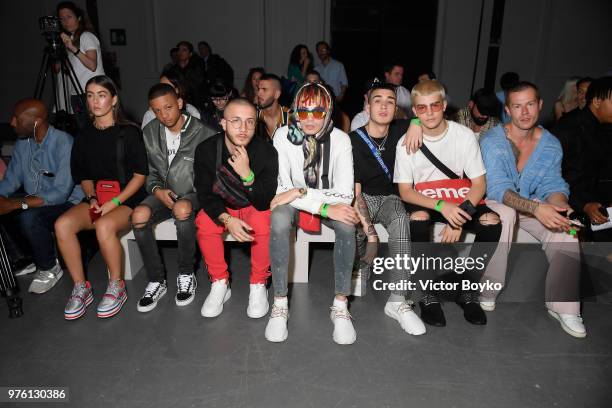 Gunner Stahl, AVA, Capo Plaza, Dref Gold, Antonio Rinaldi and Gregory Emvy attend the Represent SS19 Menswear Show during Milan Men's Fashion Week...