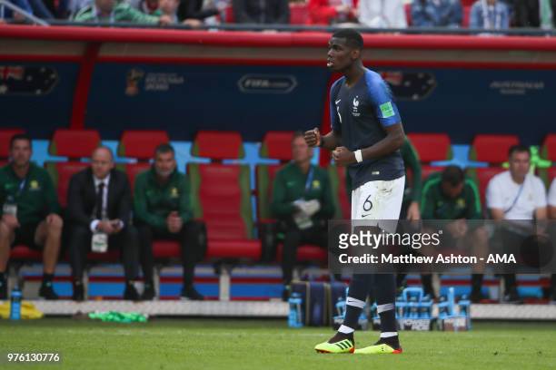 Paul Pogba of France celebrates during the 2018 FIFA World Cup Russia group C match between France and Australia at Kazan Arena on June 16, 2018 in...