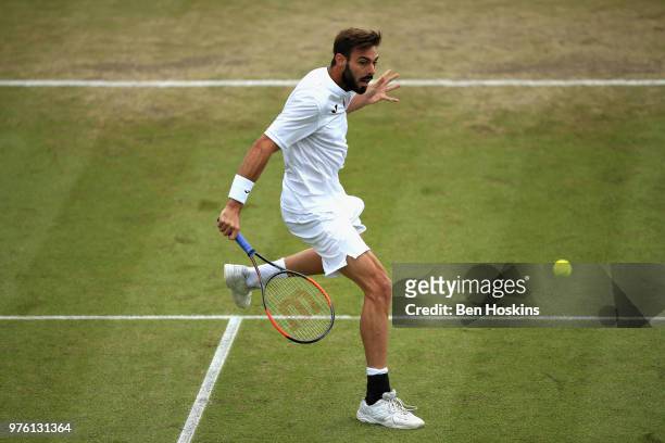 Marcel Granollers of Spain in action in the Mens Singles Semi Final during Day Eight of the Nature Valley Open at Nottingham Tennis Centre on June...