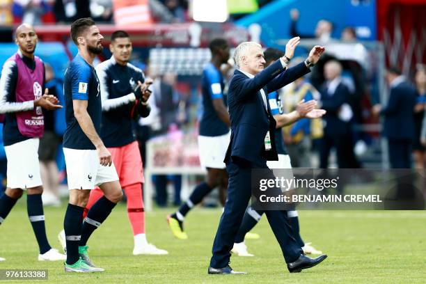 France's coach Didier Deschamps gestures at the end of the Russia 2018 World Cup Group C football match between France and Australia at the Kazan...