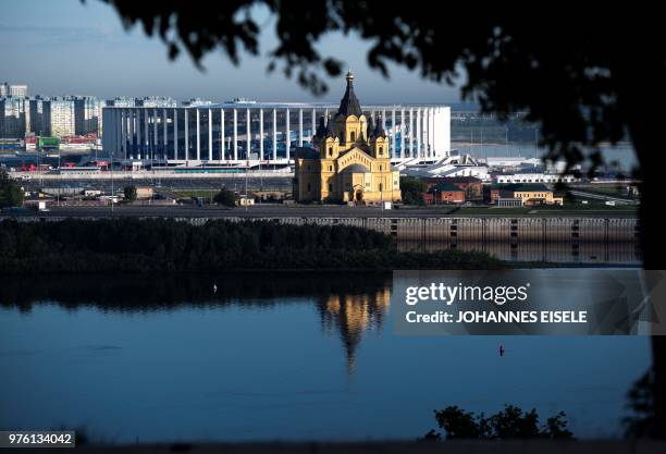The Nizhny Novgorod stadium situated behind the cathedral of Alexandr Nevskiy in the city of Nizhny Novgorod during the Russia 2018 World Cup...