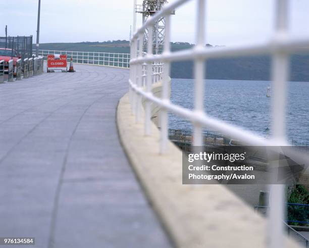 Footpath closure during renovation of Tinside swimming pool Plymouth Hoe, Plymouth, United Kingdom.