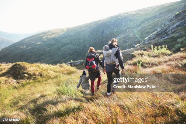 mothers trekking with daughters in mountains - family from behind stock pictures, royalty-free photos & images