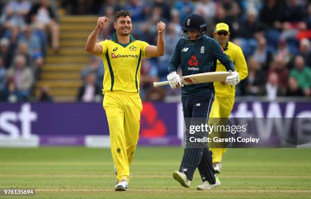 Marcus Stoinis of Australia celebrates dismissing Joe Root of England during the 2nd Royal London ODI between England and Australia at SWALEC Stadium...