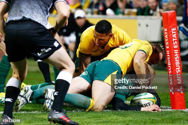Keith Earls of Ireland scores a try only to have it disallowed during the International test match between the Australian Wallabies and Ireland at...