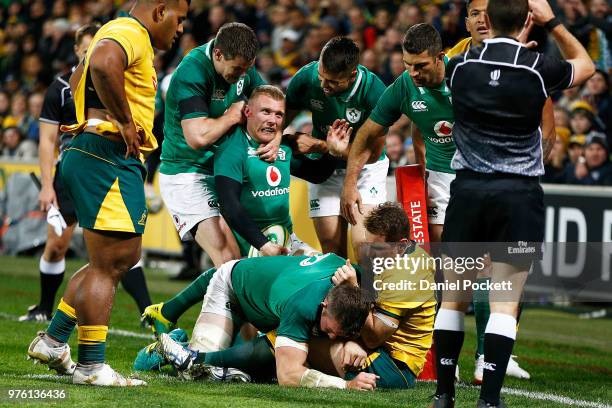 Keith Earls of Ireland scores a try only to have it disallowed during the International test match between the Australian Wallabies and Ireland at...