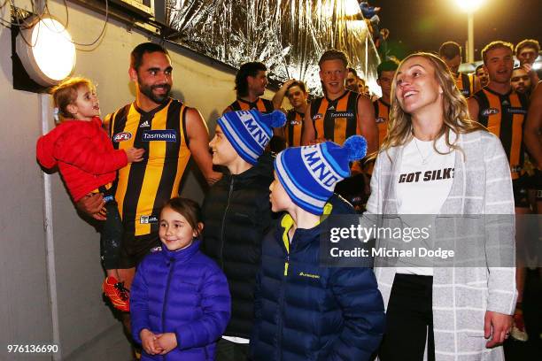 Shaun Burgoyne of the Hawks walks off with his family after his 350th match during the round 13 AFL match between the Hawthorn Hawks and the Adelaide...