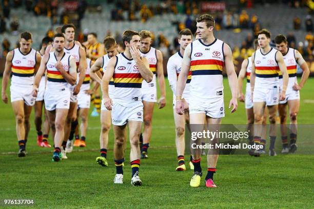 Josh Jenkins of the Crows looks dejected after defeat during the round 13 AFL match between the Hawthorn Hawks and the Adelaide Crows at Melbourne...