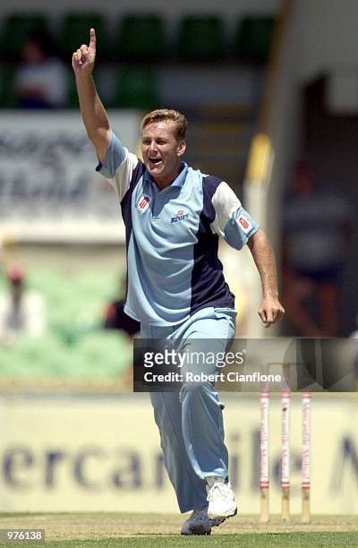 Shane Lee#6 for the NSW Blues celebrates the wicket of Brendon Julian of the Western Warriors during the Mercantile Mutual Cup One Day final, between...