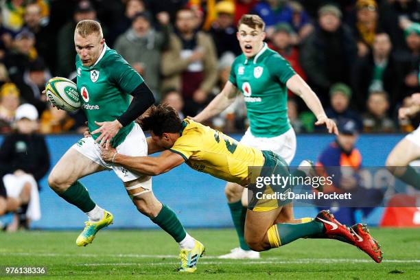 Keith Earls of Ireland runs with the ball during the International test match between the Australian Wallabies and Ireland at AAMI Park on June 16,...