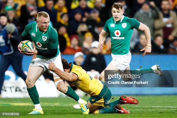 Keith Earls of Ireland runs with the ball during the International test match between the Australian Wallabies and Ireland at AAMI Park on June 16,...