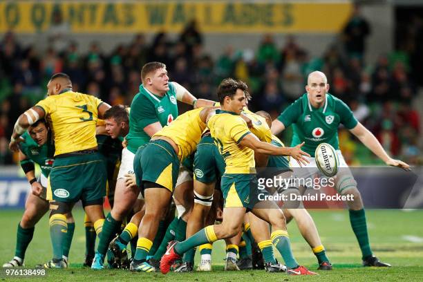 Nick Phipps of the Wallabies kicks the ball during the International test match between the Australian Wallabies and Ireland at AAMI Park on June 16,...