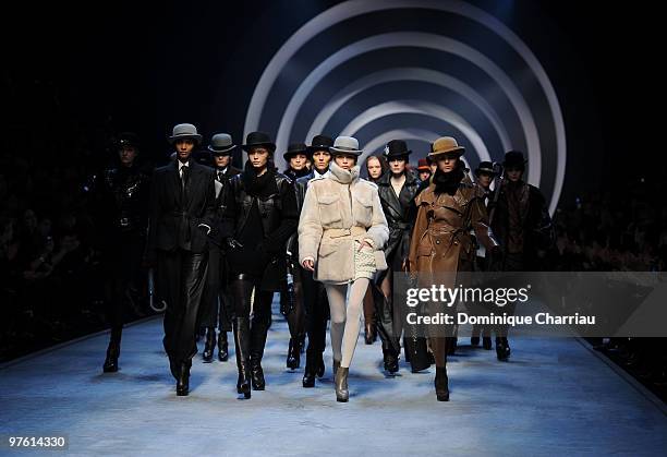 Models walk the runway at the end of the Hermes Ready to Wear show as part of the Paris Womenswear Fashion Week Fall/Winter 2011 at Halle Freyssinet...