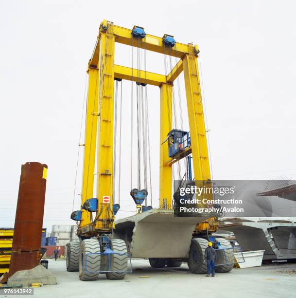 Crane for placing box girder section on A13 viaduct London with banksmana in fre ground.