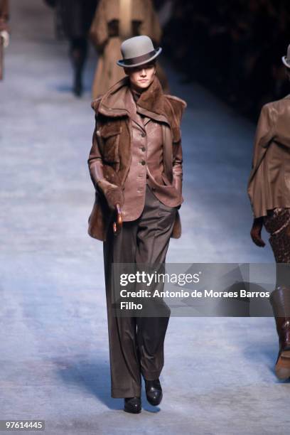 Model walks the runway during the Hermes Ready to Wear show as part of the Paris Womenswear Fashion Week Fall/Winter 2011 at Halle Freyssinet on...