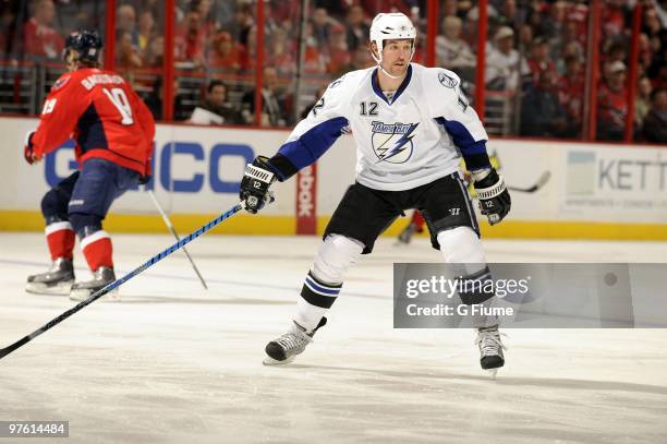 Ryan Malone of the Tampa Bay Lightning skates down the ice against the Washington Capitals March 4, 2010 at the Verizon Center in Washington DC.