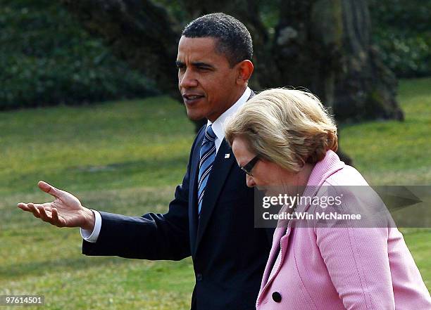 President Barack Obama walks to a waiting Marine One with Sen. Claire McCaskill at the White House March 10, 2010 in Washington, DC. Obama was...