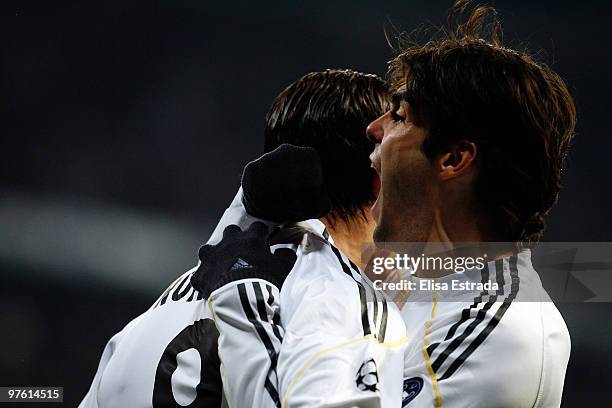 Cristiano Ronaldo of Real Madrid celebrates with Kaka after scoring during the UEFA Champions League round of sixteen, second leg match between Real...