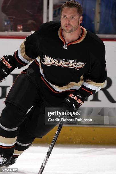 Aaron Ward of the Anaheim Ducks skates on the ice during warm ups prior to the game against the Columbus Blue Jackets on March 9, 2010 at Honda...