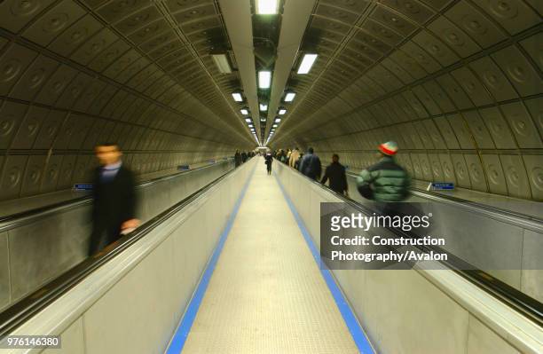 Moving walkway at Westminster underground station, London, UK.