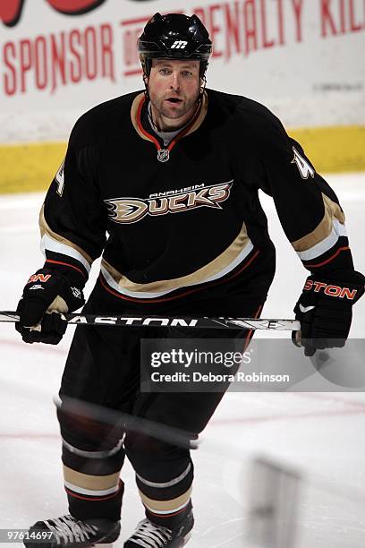 Aaron Ward of the Anaheim Ducks skates on the ice during the game against the Columbus Blue Jackets on March 9, 2010 at Honda Center in Anaheim,...