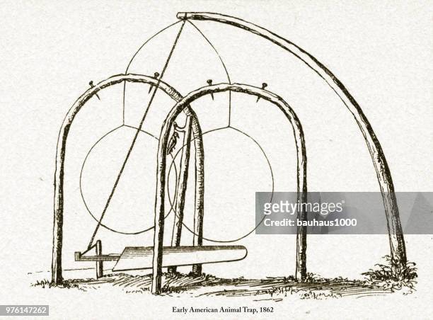 animal trap, early american victorian engraving, 1862 - trigger warning stock illustrations