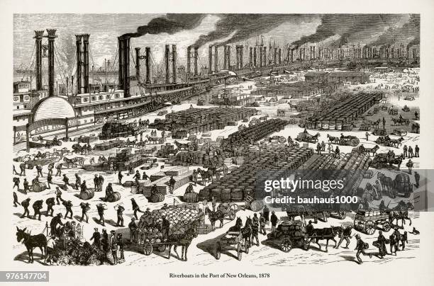 riverboats in the port of new orleans victorian engraving, 1878 - horse and cart deliver stock illustrations