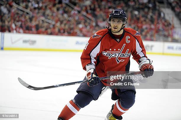 Alex Ovechkin of the Washington Capitals skates down the ice against the Tampa Bay Lightning March 4, 2010 at the Verizon Center in Washington DC.