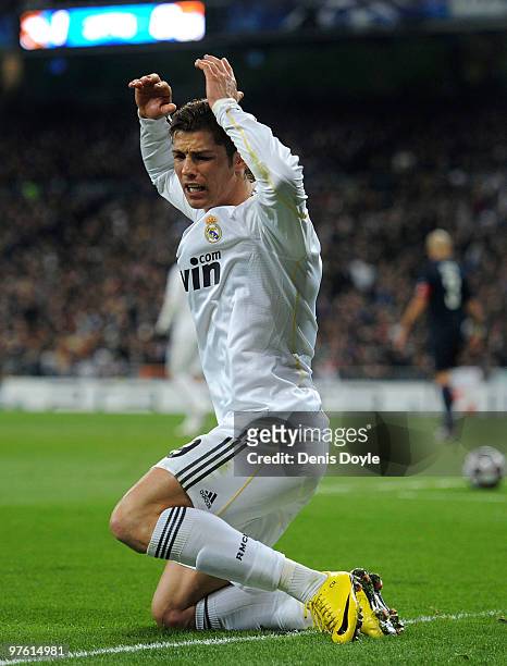 Cristiano Ronaldo of Real Madrid reacts during the UEFA Champions League round of 16 2nd leg match between Real Madrid and Olympique Lyonnais at...