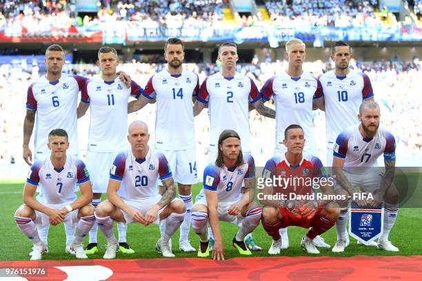 Iceland team line up ahead of the 2018 FIFA World Cup Russia group D match between Argentina and Iceland at Spartak Stadium on June 16, 2018 in...