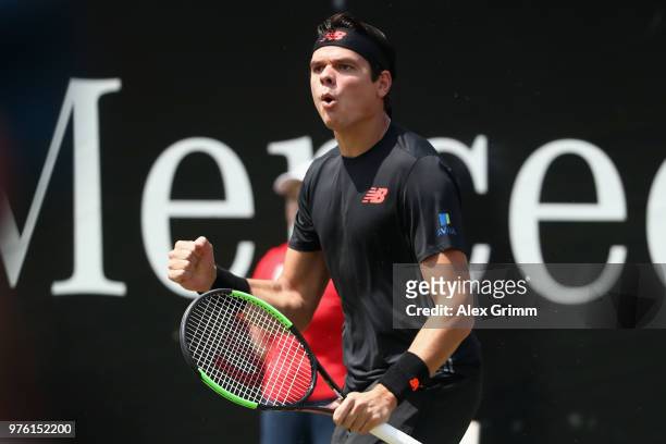 Milos Raonic of Canada celebrates during his match against Lucas Pouille of France during day 6 of the Mercedes Cup at Tennisclub Weissenhof on June...