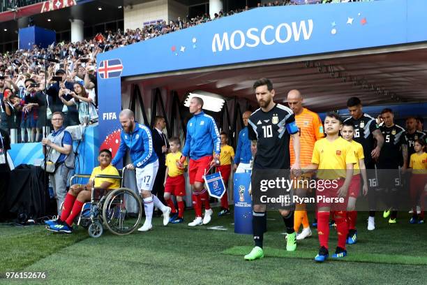 Lionel Messi of Argentina walks out to the pitch prior to the 2018 FIFA World Cup Russia group D match between Argentina and Iceland at Spartak...