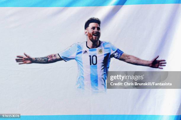 An impression of Lionel Messi of Argentina is seen on a banner before the 2018 FIFA World Cup Russia group D match between Argentina and Iceland at...