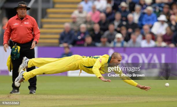 Ashton Agar of Australia dives to stop the ball during the second Royal London One-Day International match between England and Australia at the...