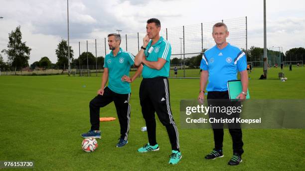 Markus Nadler, DFB manager coach education, Thomas Roy, DFB coach and Udo Hoelzer, external referent are seen during the DFB-Elite-Youth...