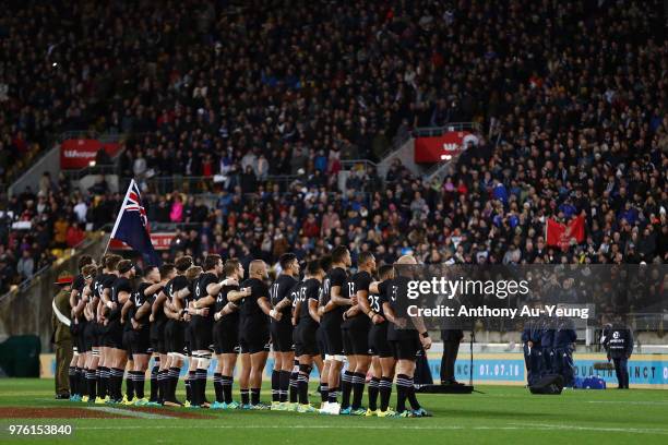 The All Blacks line up for the national anthem during the International Test match between the New Zealand All Blacks and France at Westpac Stadium...