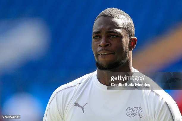 Yvon Mvogo of Switzerland looks on during a Switzerland training session during the FIFA World Cup 2018 at Rostov Arena on June 16, 2018 in...