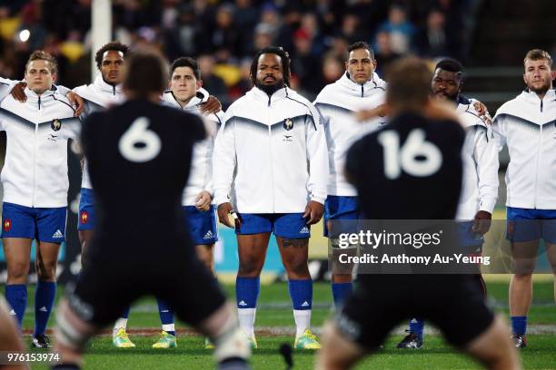Mathieu Bastareaud of France stands and faces the haka during the International Test match between the New Zealand All Blacks and France at Westpac...