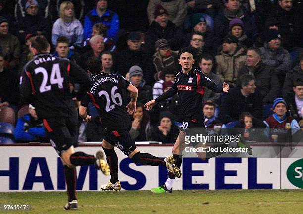 Tuncay Sanli of Stoke City celebrates scoring the opening goal during the Barclays Premier League match between Burnley and Stoke City at Turfmoor...