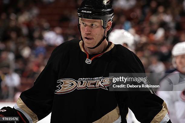 James Wisniewski of the Anaheim Ducks skates on the ice during the game against Columbus Blue Jackets on March 9, 2010 at Honda Center in Anaheim,...