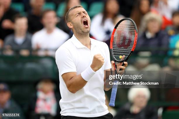 Dan Evans of Great Britain celebrates breaking in the third set during his men's singles semifinal match against Marcel Granollers of Spain on Day...