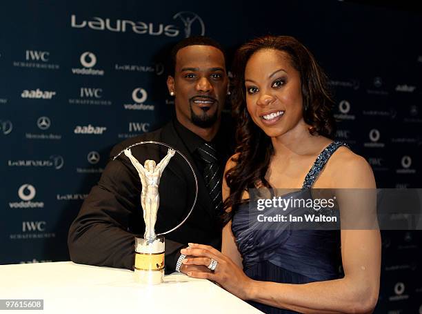 Sanya Richards and boyfriend Aaron Ross arrives at the Laureus World Sports Awards 2010 at Emirates Palace Hotel on March 10, 2010 in Abu Dhabi,...