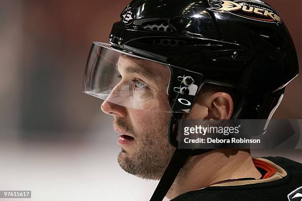 Aaron Ward of the Anaheim Ducks skates on the ice during warm ups prior to the game against the Columbus Blue Jackets on March 9, 2010 at Honda...
