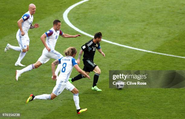 Lionel Messi of Argentina runs with the ball during the 2018 FIFA World Cup Russia group D match between Argentina and Iceland at Spartak Stadium on...