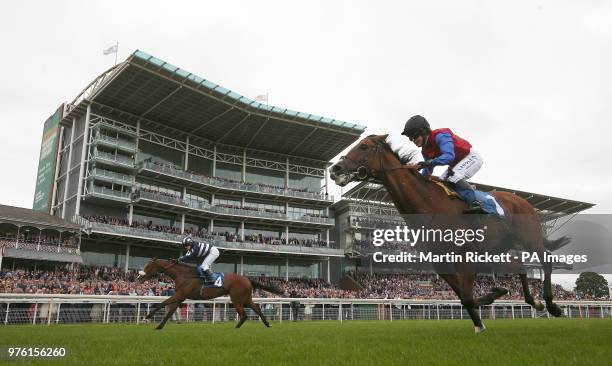 Mister Belvdere ridden by Sophie Dods wins The Queen Mother's Cup from Pacify who finished 2nd during the Macmillan Charity Raceday at York...