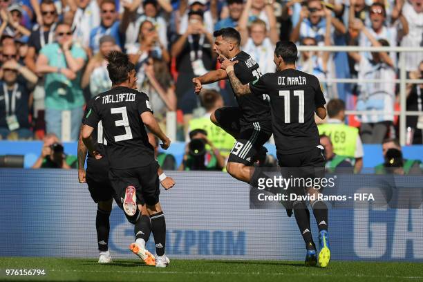 Serigo Aguero of Argentina celebrates after scoring his team's first goal during the 2018 FIFA World Cup Russia group D match between Argentina and...