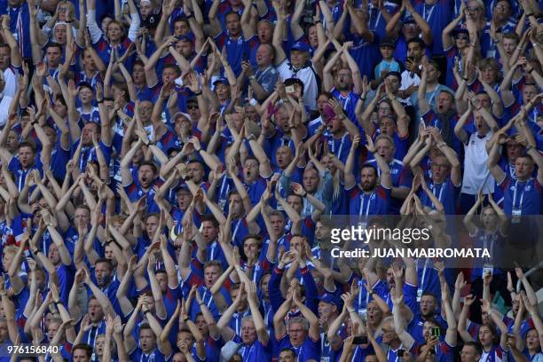Iceland's supporters cheer their team during the Russia 2018 World Cup Group D football match between Argentina and Iceland at the Spartak Stadium in...