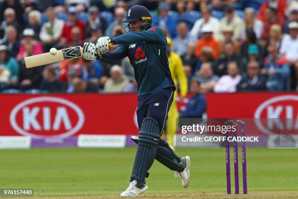 England's Jason Roy plays a shot during play in the 2nd One Day International cricket match between England and Australia at Sophia Gardens cricket...